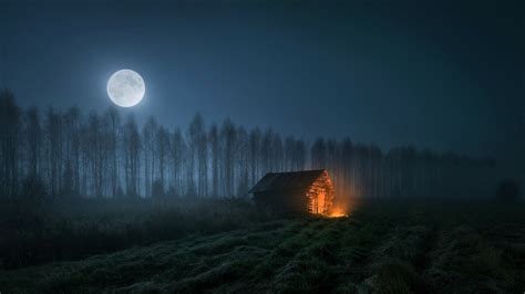 Full Moon Over Lone Cabin In Field Papel De Parede Hd Plano De Fundo