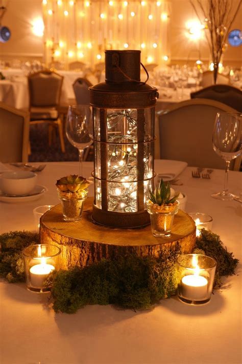 Fairy Lights Rustic Elements And Candles Lantern Centerpiece Wedding