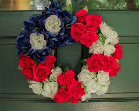 Red White And Blue Flower Wreath Fourth Of July Door Wreath Etsy