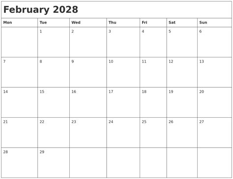 February 2028 Month Calendar