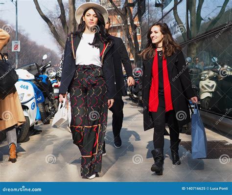 milan italy 21 february 2019 fashion bloggers street style outfits editorial image image of