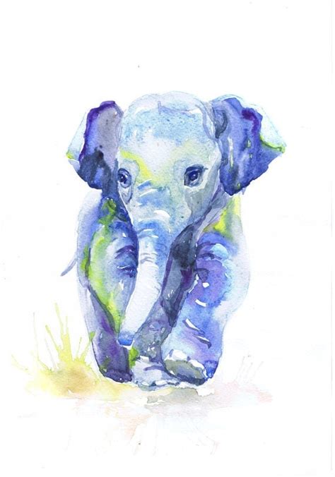 Baby Elephant Art Watercolor Painting Baby Boy Nursery