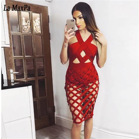2017 Summer Women Runway Bodycon Bandage Dress Nude Black Long Sleeve Mesh Plaid Hollow Out Sexy