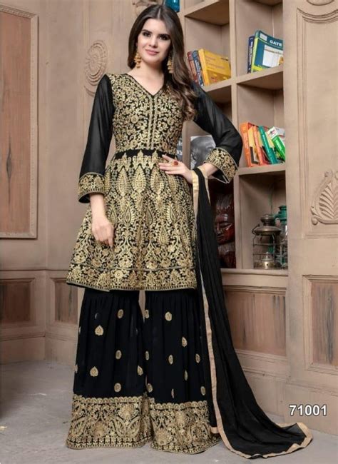 Black Georgette Gharara Bottom Salwar Kameez Indian Couture