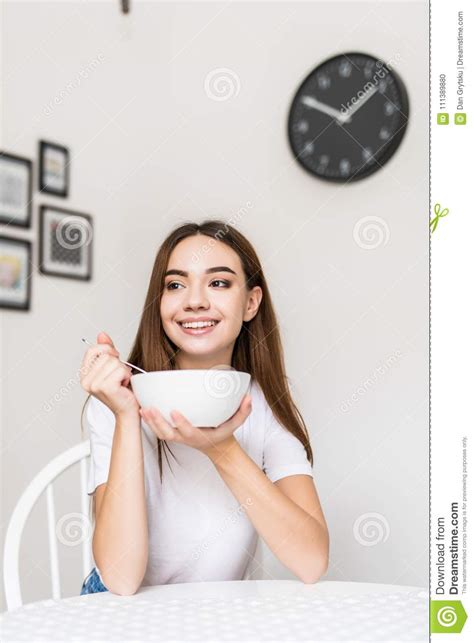 Happy Woman Having Healthy Breakfast Healthy Food Morning Stock Photo