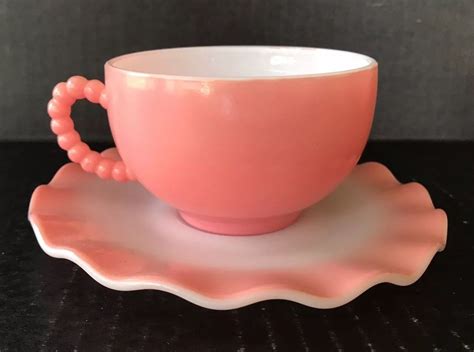 Vintage Hazel Atlas Pink Crinoline Ripple Beaded Handle Cup Saucers