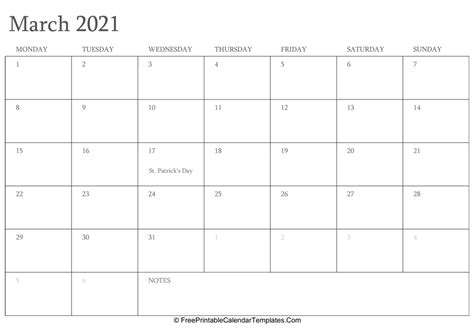 March 2021 Editable Calendar With Holidays And Notes