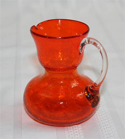 Vintage Orange Crackle Glass Miniature Pitcher With Clear Handle Knick Knack Collectible Art