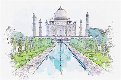 Entering The Taj Mahal At The Sunrise Agra India Watercolor By Adam