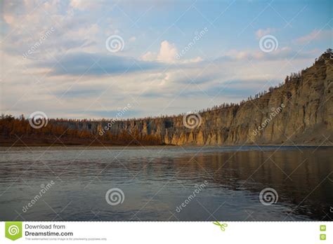Bank Of The River Moierokan And Siberian Taiga In The Autumn Stock