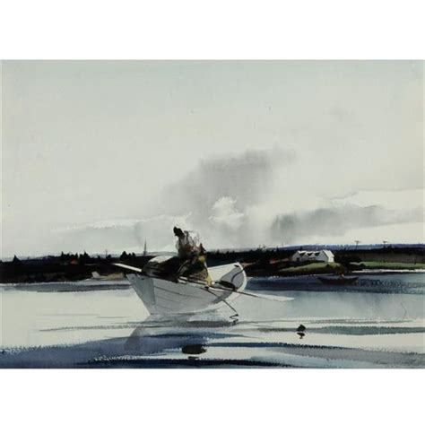 A Painting Of A Man In A Boat On The Water With An Airplane Behind Him
