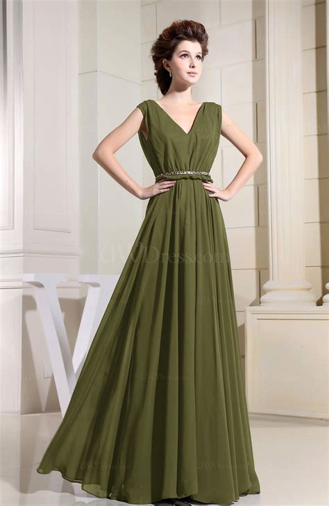 Olive Green Casual V Neck Sleeveless Chiffon Pleated Bridesmaid Dresses