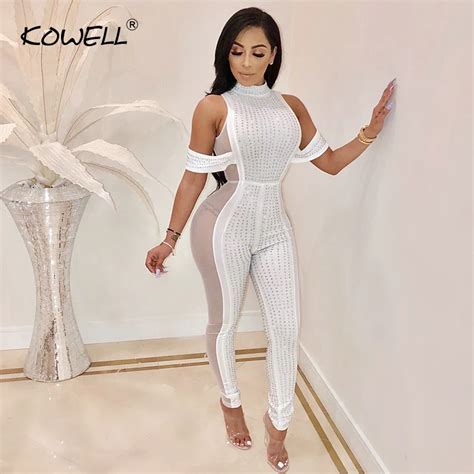 drilling women jumpsuit stand neck sexy mesh patchwork slim perspective jumpsuit night club