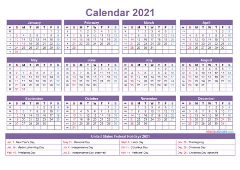 Printable Yearly 2021 Calendar With Holidays Word Pdf