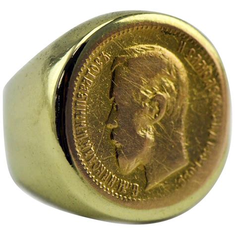 18 Karat Gold Mens Gold Coin Ring With 1903 Russian 5 Roubles Tsar