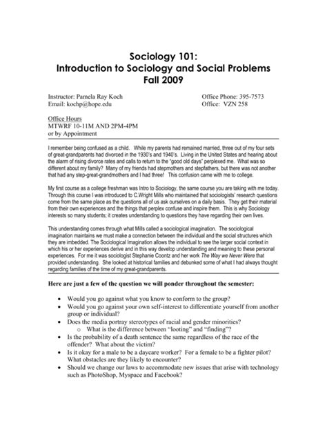 Sociology 101 Introduction To Sociology And Social Problems Fall
