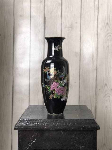 Made In Japan Black Floral Peacock Vase By Interpur Etsy In