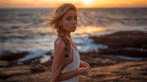 Wallpaper Blonde Ksenia Kokoreva Sideboob Long Hair Sunset