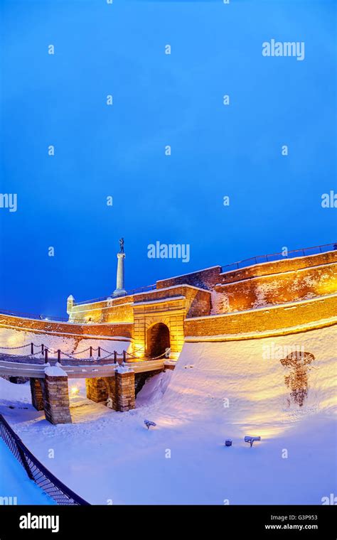 Winter Landscape Of Belgrade Fortress And Kalemegdan Park At Night With