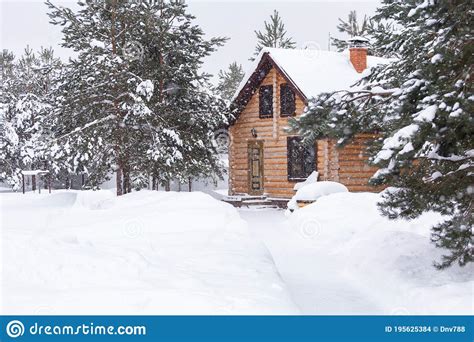 Rustic Log House Snow Covered Pine Trees Big Snow Drifts Snowing