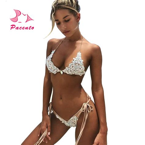 Pacento Bikinis Set Crystal White Swimwear Women Push Up Diamonds Womens Swimsuit With Lace