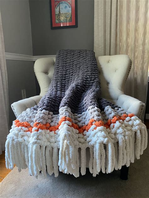 Chunky Knit Blanket Gray And Orange Striped Throw Chunky Knit