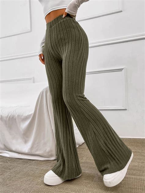 Elastic Waist Ribbed Knit Flare Leg Trousers Cute Outfits Clothes