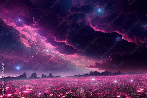 Magical Night Sky With Shining Stars Clouds And Delicate Romantic Pink
