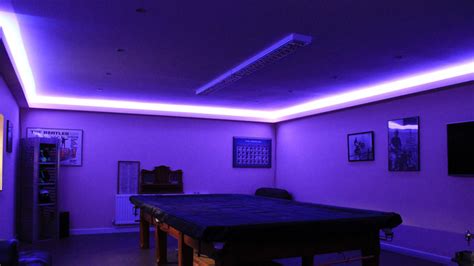 Pool Room Lighting In Dark Blue Modern Basement