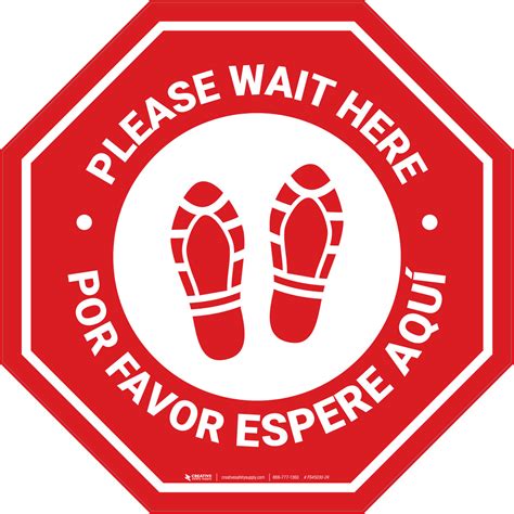 Please Wait Here Bilingual Spanish With Shoe Prints Stop Floor Sign