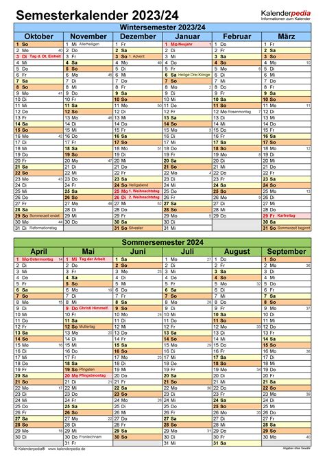 Semesterkalender 202324 Für Excel Zum Ausdrucken