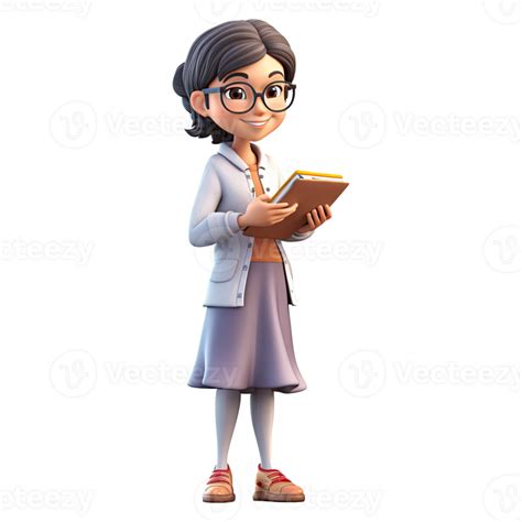 3d Cute Cartoon Female Teacher Character On Transparent Background