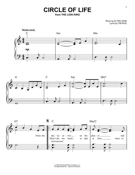 Circle Of Life Easy Piano Print Sheet Music Now