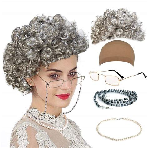 qnprt old lady cosplay set grandmother wig wig cap madea granny glasses eyeglass chains