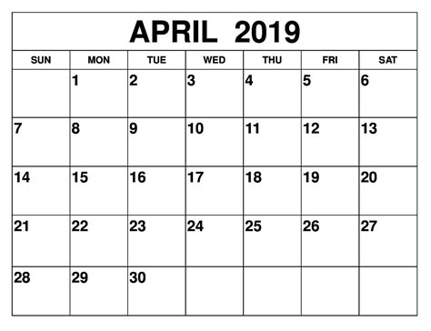 Blank April 2019 Editable Calendar 2019 Calendar Calendar Word