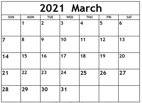 Printable March 2021 Calendar Template Print Now Riset