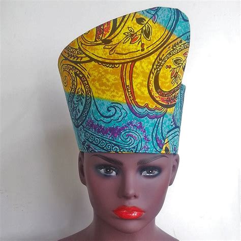 African Print Hat Headdress Crown Kufi Tribal Handmade Blue Etsy
