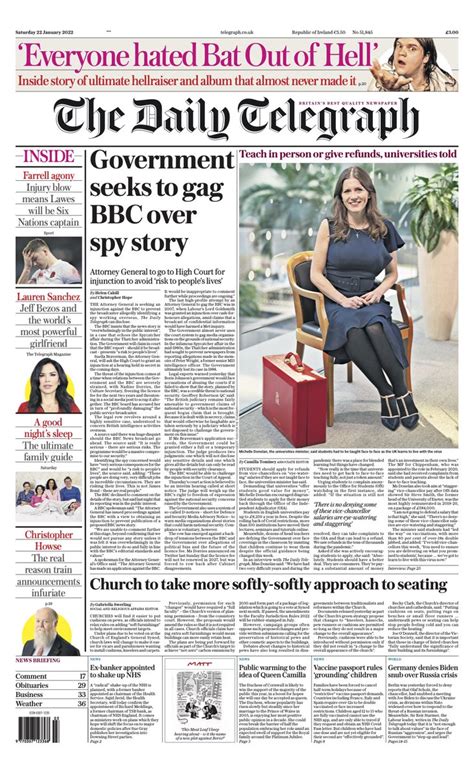 Daily Telegraph Front Page Nd Of January Tomorrow S Papers Today