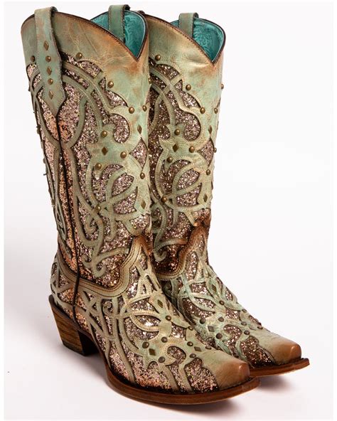 Corral Womens Mint Glitter Inlay Western Boots Snip Toe Cowgirl Boots Country Shoes Boots