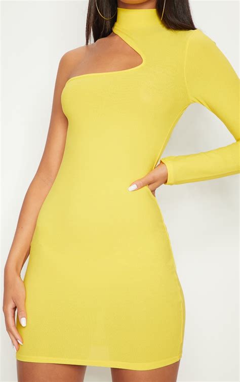 Yellow High Neck Asymmetric Sleeve Bodycon Dress Prettylittlething