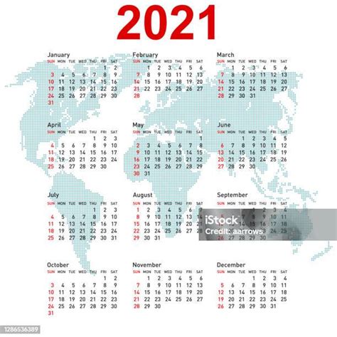 Kalender 2021 Met Wereldkaart De Week Begint Op Zondag Stockvectorkunst