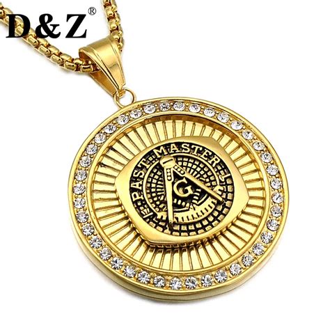 Dandz Hiphop Ice Out Paving Crystal Masonic Pendant Necklace Men Gold