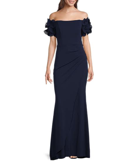 Xscape Rosette Off The Shoulder Short Sleeve Ruffle Ruched Waist Gown
