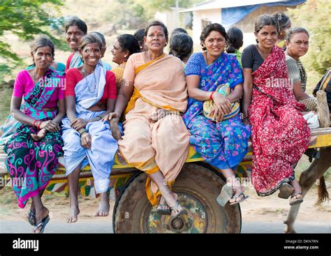 Rural Indian Village Women Traveling On A Bullock Cart In The Indian