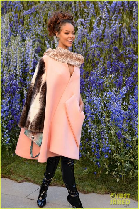 Rihanna Stuns In Over Sized Pink Coat At Dior Pfw Show Photo