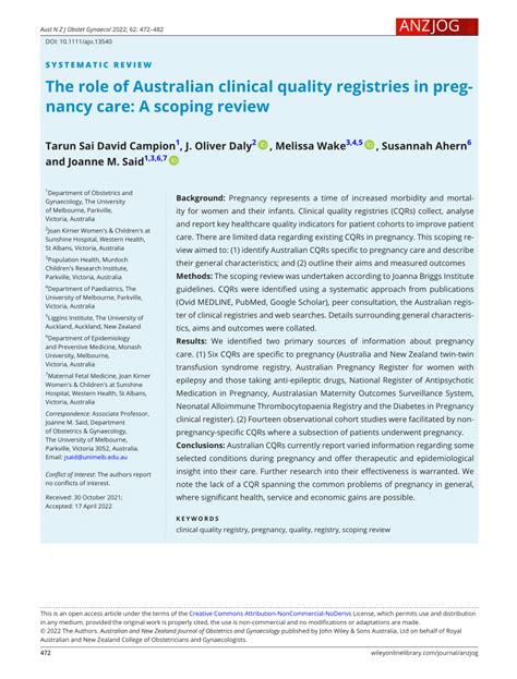 pdf the role of australian clinical quality registries in pregnancy care a scoping review