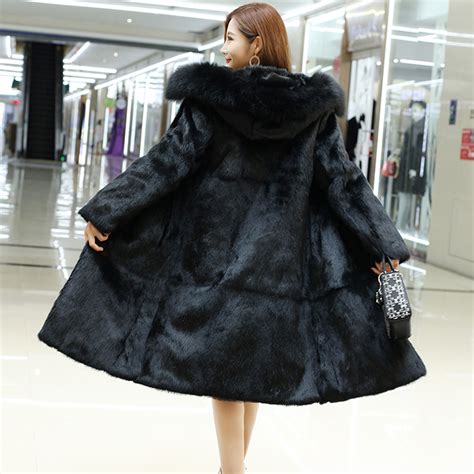 hooded female pure 100 true genuine rabbit fur coat with fur hood and luxury natural fox fur