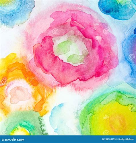 Vibrant Abstract Watercolour Rainbow Circles On White Background Stock