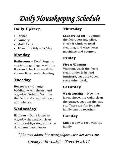 Housekeeping Schedule Chores For Each Day Of The Week And Daily Tasks