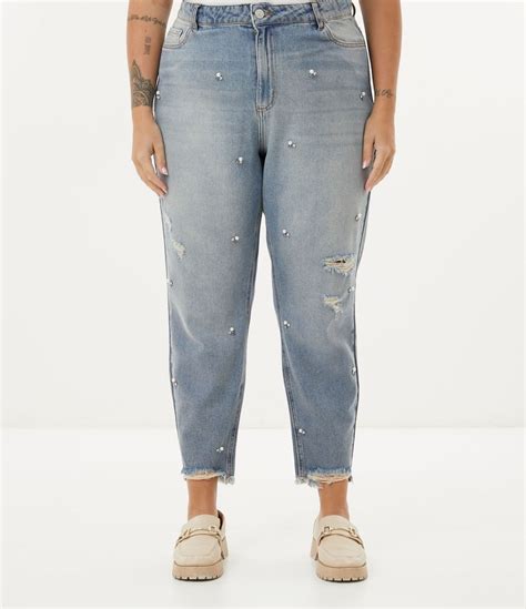 Calça Mom Jeans com Pérolas e Pedrinhas de Strass Curve Plus Size Azul